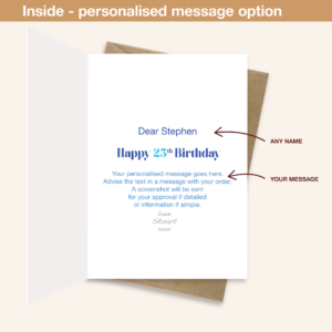 Personalised message inside 25th birthday card bth364