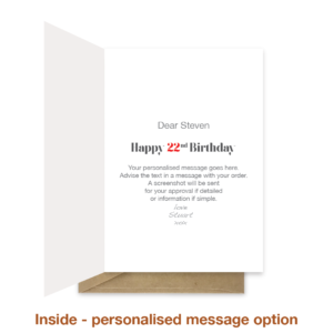 Personalised message inside 22nd birthday card bth287