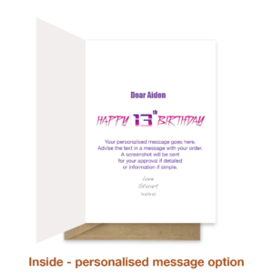 Personalised message inside 13th birthday card bth344