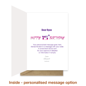 Personalised message inside 15th birthday card bth346