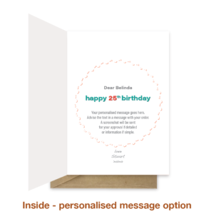 Persoanlised message inside 25th birthday card bth553