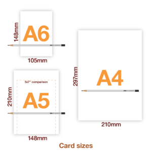 Card sizes A6 - 148 x 105mm, A5 - 248 x 210mm, A4 - 210 x 29mm