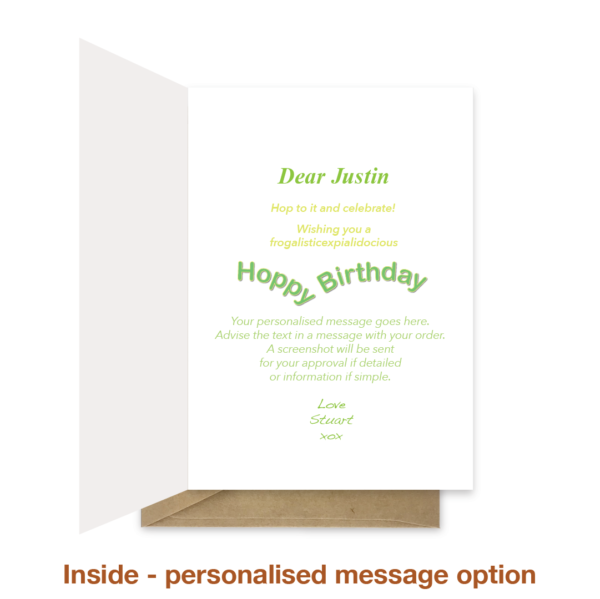 personalised message inside frog birthday card with name bth575