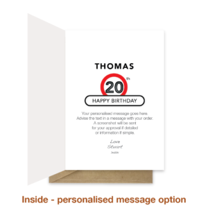 Personalised message inside 20th birthday card bb0011