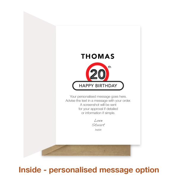 Personalised message inside 20th birthday card bb0011