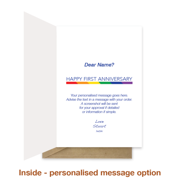 Personalised message inside gay 1st wedding anniversary card ann048